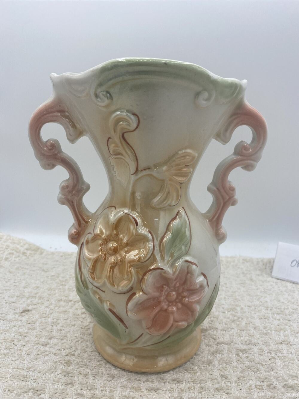 Beautiful Brazilian Lusterware 8” Vase Pink & Orange Flowers With Green Leaves